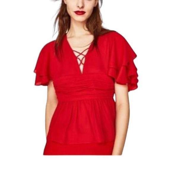 Zara Red Short Sleeve Babydoll Blouse Size S NWT - Picture 1 of 6